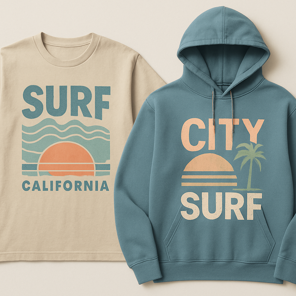 Create a variety of streetwear-style t-shirt and hoodie graphics and logos, featuring bold, trendy designs inspired by California surf vibes and urban lifestyle. Include abstract patterns, oversized typography, retro logos, subtle animal motifs like seagulls, waves, sunsets, skaters, or cars. Designs should be youthful, casual, and edgy, suitable for screen printing on apparel. Use muted pastels, washed denim blues, and earth tones, with clean lines and modern style. Vector-ready, high-detail, wearable streetwear aesthetic logos, including novry

Athleisure fashion design: Design athleisure apparel with a California surf and urban vibe. Create graphic t-shirt and hoodie designs featuring abstract patterns, oversized typography, and retro logos. Include subtle motifs like waves, sunsets, skaters, or palm trees. Use soft cotton fabric. Colors are muted pastels, washed blues, and earth tones. Focus on a relaxed fit and simple silhouettes.