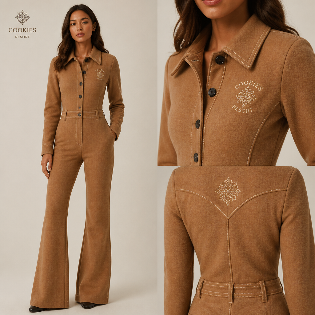 all camel warm wool long sleeve bootcut jumpsuit with cookies resort logo and ivory stitching, black buttons
Camel warm wool long sleeve bootcut jumpsuit with cookies resort logo and ivory stitching, black buttons. Classic silhouette, tailored cut, soft wool fabric, embroidered pattern.